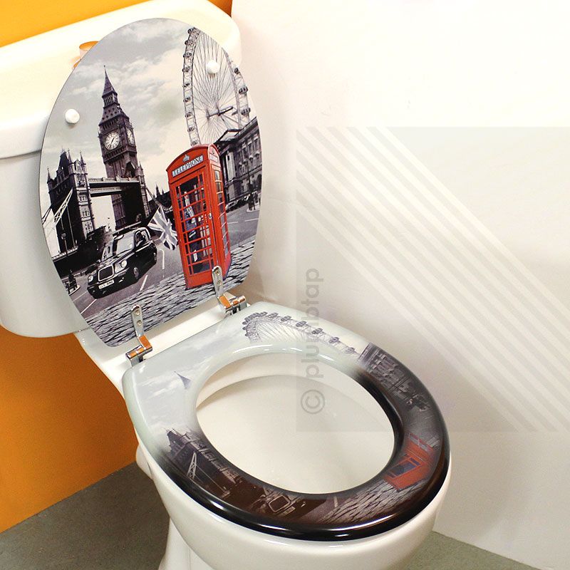 MDF London Print Novelty Toilet Seat with Chrome Metal Bottom Fixing Hinges